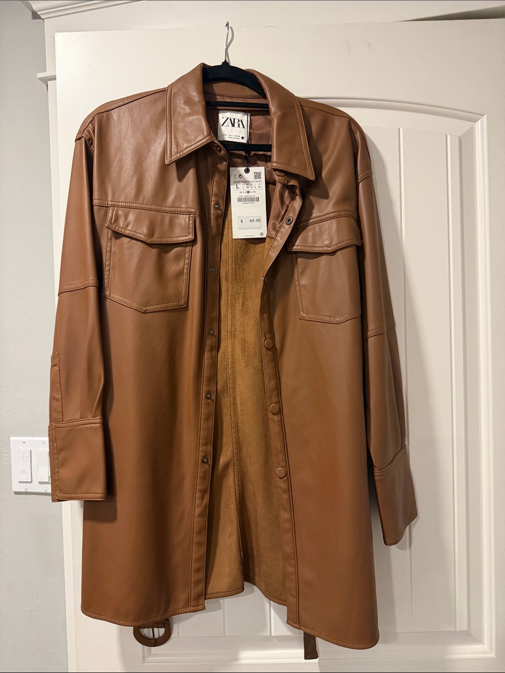 Zara Cognac Faux Leather Shacket with Chest Pockets